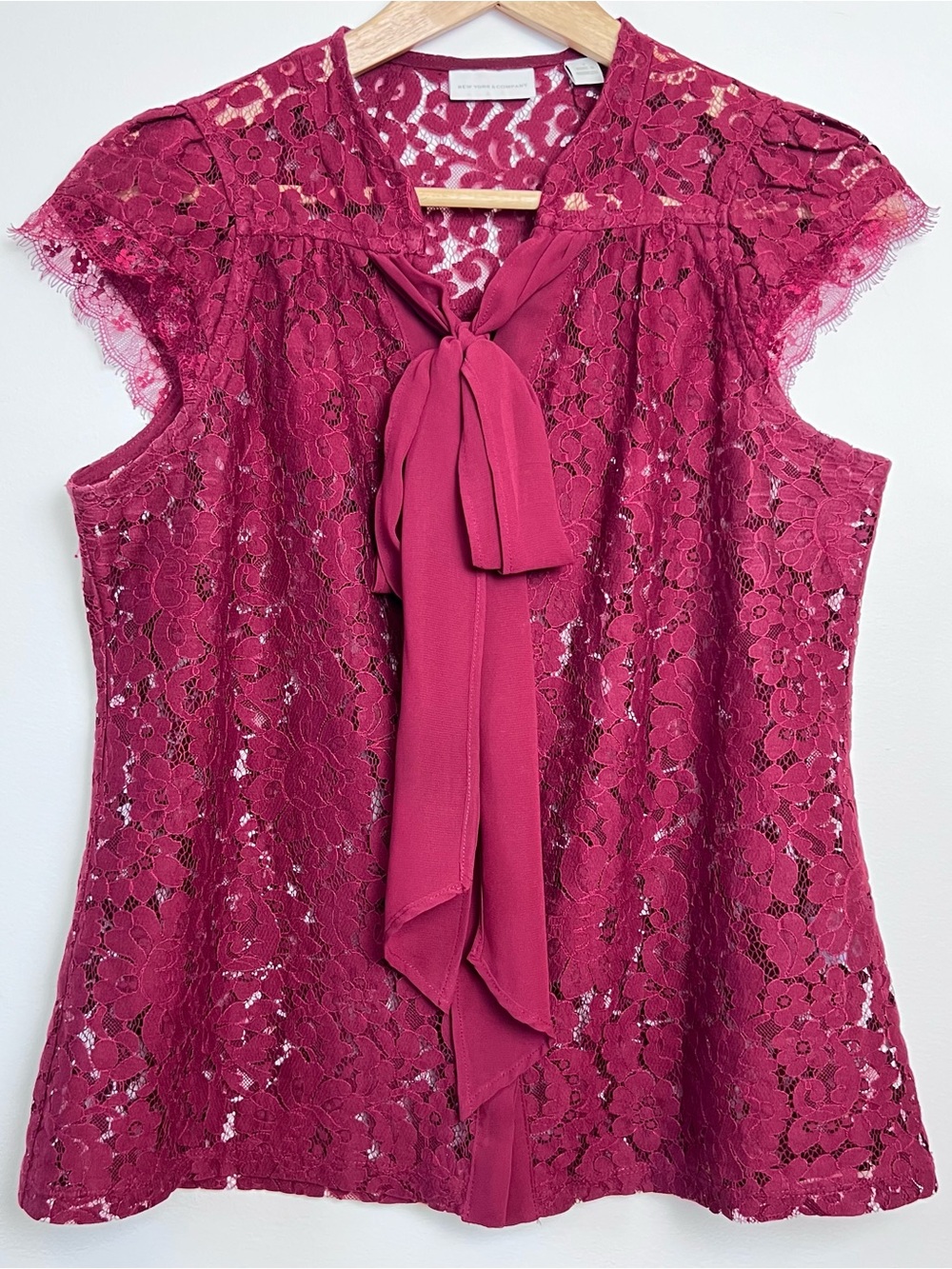 New York & Company Lace Bow Tie Blouse Small Berry Red Feminine Top